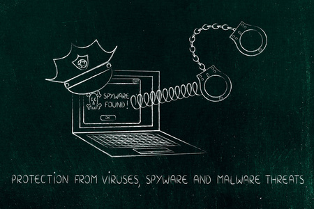 警察的帽子和，间谍软件的笔记本电脑发现消息