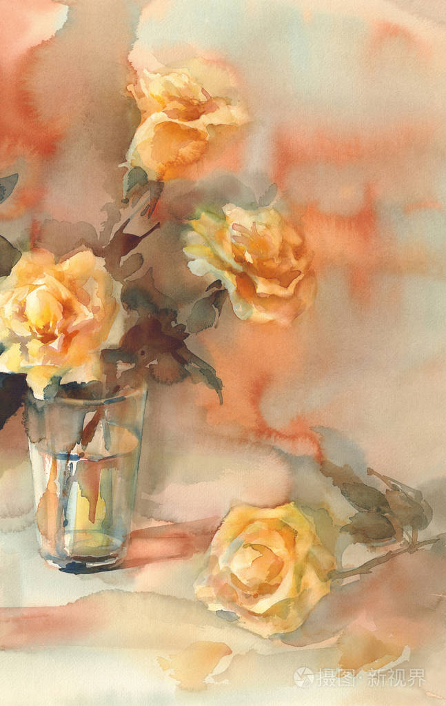 黄玫瑰静物画水彩