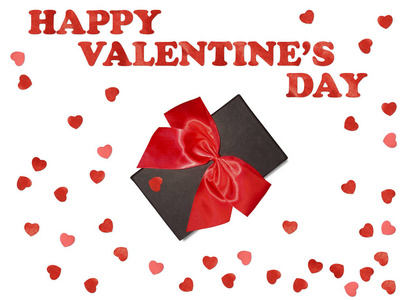 礼品盒用的情人节那天的白色背景上的红色蝴蝶结丝带和纸心