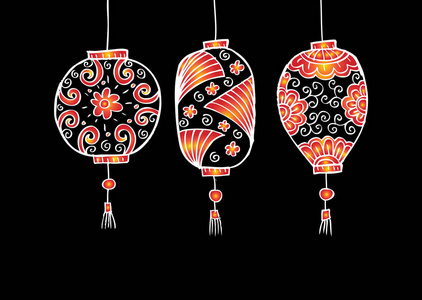 手绘中国灯笼天空套。传统灯具为中国新的一年