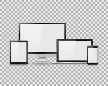 组的现实电脑显示器 笔记本电脑 平板电脑和手机空白色的屏幕。各种现代的电子小玩意上分离的背景。矢量图 Eps10