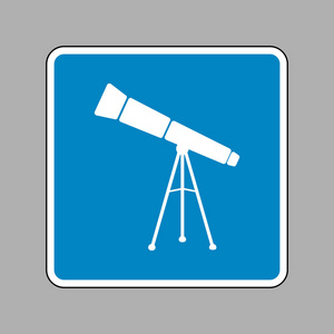 望远镜简单的符号。关于为背景的蓝色标志的白色图标