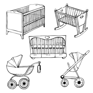 矢量图.素描不同儿童婴儿床和婴儿车照片