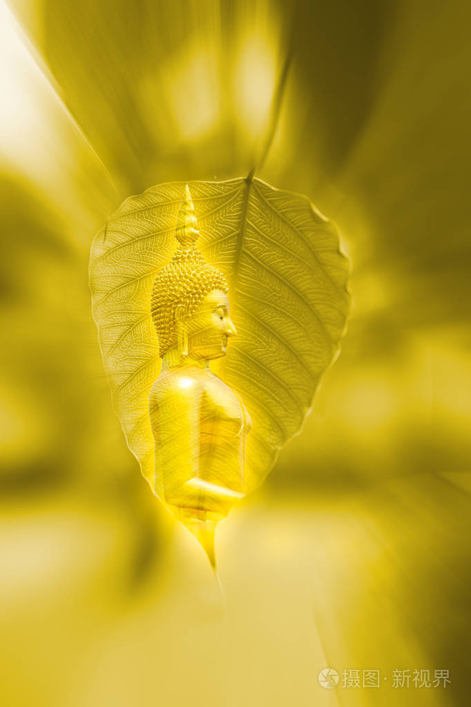 佛像与菩提叶金色与模糊变焦效果