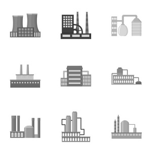 工厂在单色样式中设置图标。工厂矢量符号股票图大集合
