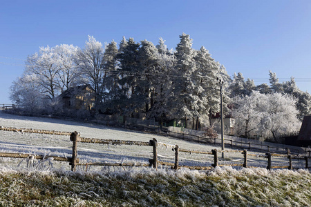 多雪的美丽童话冬季农村与蓝蓝的天空，在中央的波西米亚，捷克共和国