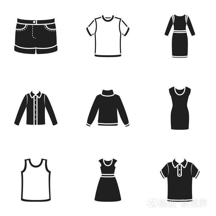 衣服在黑色风格中设置图标.衣服大集合矢量符号股票图