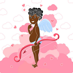 非洲裔美国丘比特箭头与心在粉红色的天空