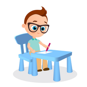 戴眼镜的年轻男孩涂料正坐在一张课桌。矢量图 eps 10。平的卡通风格