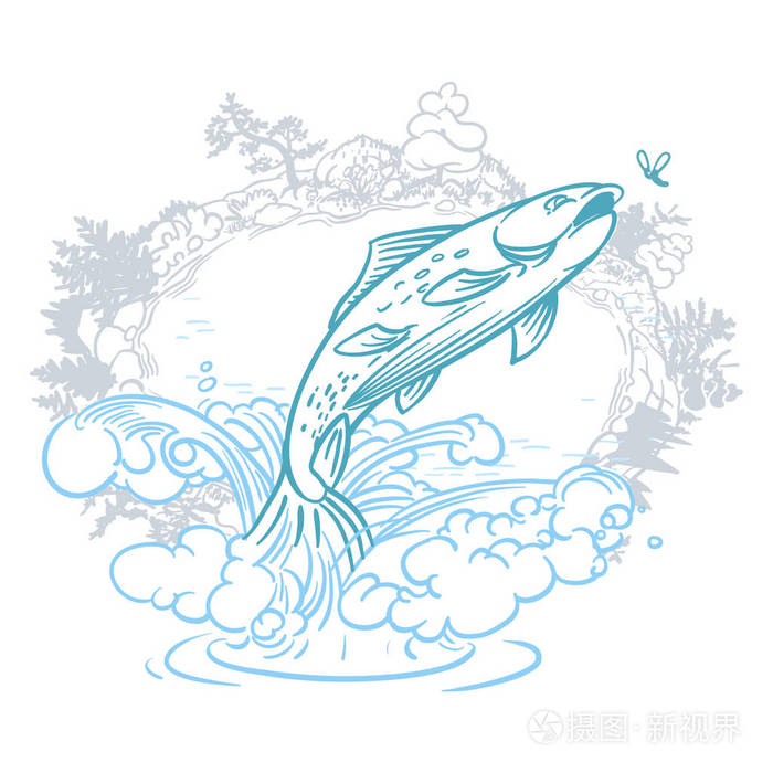 鳟鱼跳出水插画-正版商用图片0wl88l-摄图新视界
