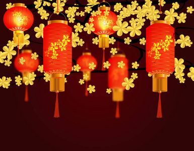 美丽的插图矢量红色中国花灯圆和圆柱形状对黄金的颜色背景.