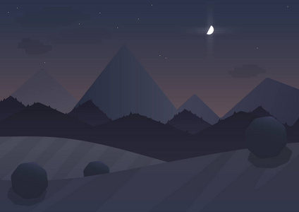 晚上卡通山风景背景与树木和月亮。矢量图
