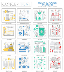 信息图表迷你概念重和电力行业的网站的图标。保费质量设计 web 图形图标元素。重型电力行业概念