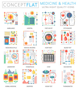 信息图表迷你概念医学和健康的网站图标。优质的色彩概念平面设计 web 图形图标元素。医学健康概念