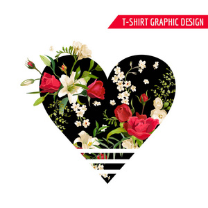 花香玫瑰和百合图形设计的 t 恤，时尚，打印在矢量