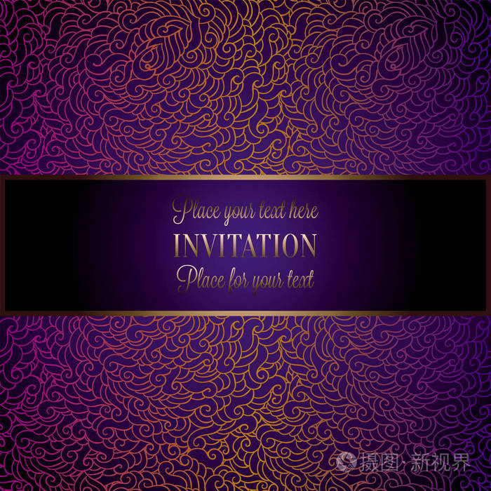 结婚请柬或卡, 错综复杂的涂鸦窗饰与金色的框架和紫罗兰的地方为文本