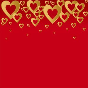 情人节礼物红色背景与明亮的金心在向上划组成金子般的心。爱好者和母亲节的问候