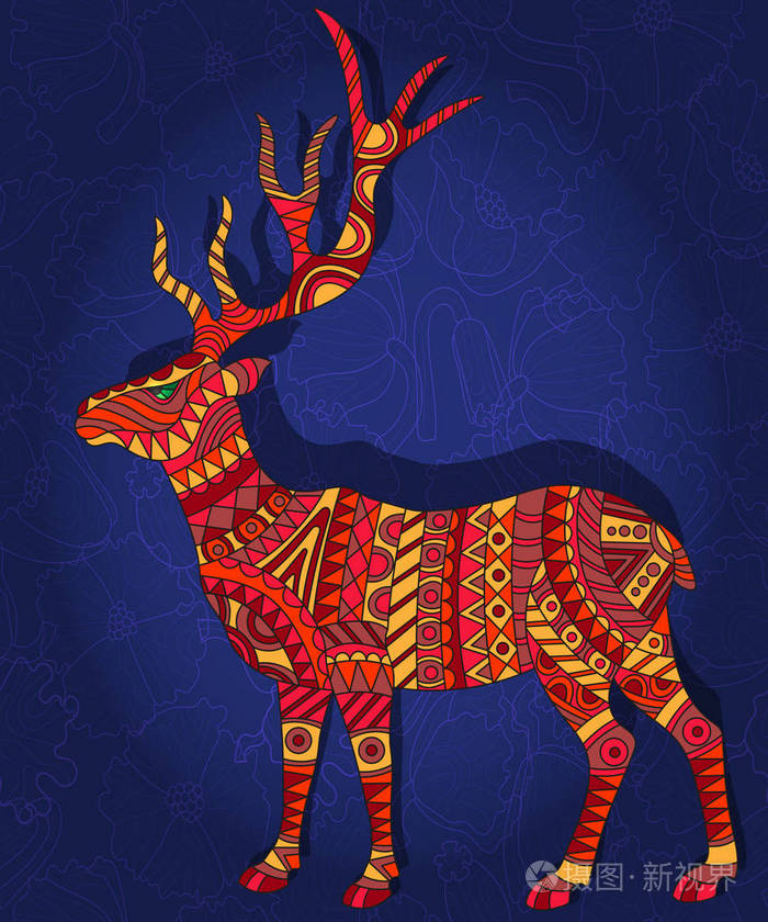 与抽象红鹿上的深蓝色花卉背景图