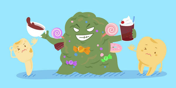 卡通蛀牙和细菌卡通蓝色怪物. 细菌有大眼睛,牙齿,手脚.