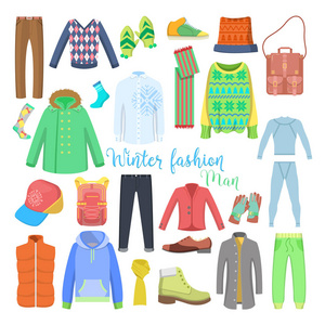 男人冬天的衣服和鞋子 外套和毛衣的配件系列。矢量图