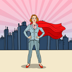 波普艺术信心十足的商业女人超级英雄穿着红色披肩。矢量图