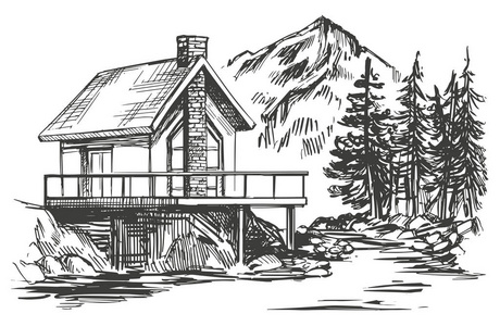房子在山景观手绘制的矢量图写实素描照片