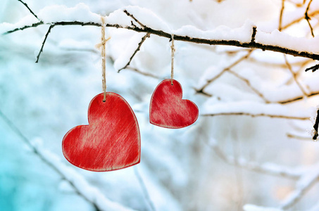 冬天的雪树树枝上木制红色的心