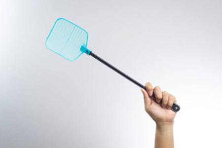 手中拿着飞或昆虫的苍蝇拍照片