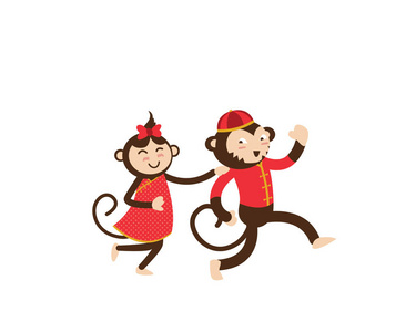 中国新的一年 2016年,猴子夫妇在各种活动中的人物插图照片