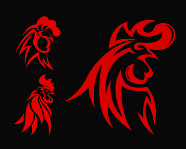 抽象的优雅红公鸡头符号标志的黑色背景照片