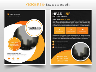 橙色圈抽象三角形年度报告宣传册设计模板矢量。业务传单的信息图表杂志海报。图书封面演示文稿组合抽象布局模板