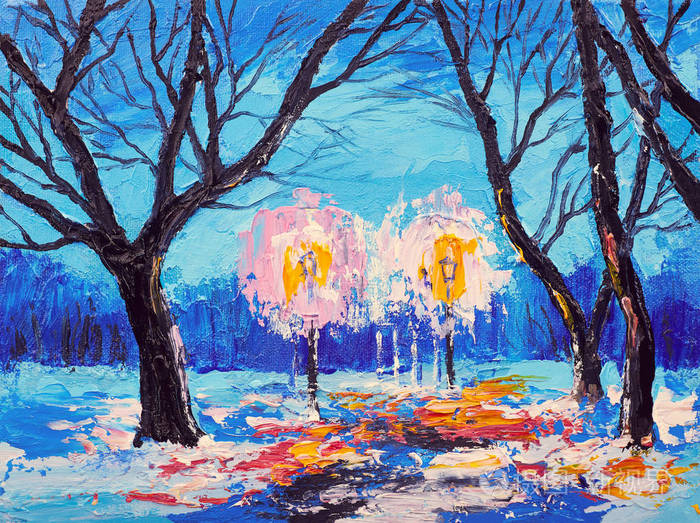 抽象油画艺术笔触水彩画现代和当代艺术品在晚上的冬季森林