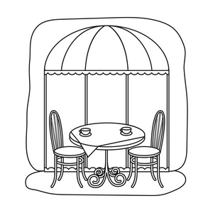 在白色背景上孤立的大纲样式服役表附近咖啡馆图标。法国国家象征股票矢量图