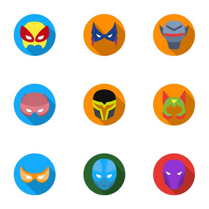 超级英雄的面具在平面样式中设置图标。超级英雄面具矢量符号股票图大集合