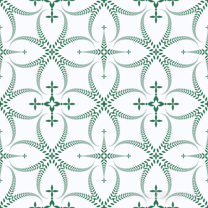 宗教无缝模式 月桂花冠 交叉花边视图的纹理 礼仪 葬礼背景 旋流程式化的装饰 绿色 白色色 矢量插画 正版商用图片0wnf6v 摄图新视界