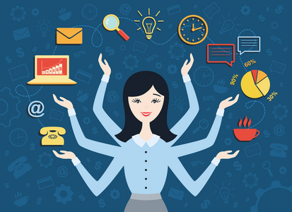 平面设计矢量图的年轻商界女强人,个人助理或硬工作秘书照片