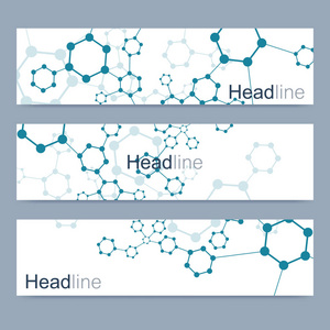 现代向量横幅的科学设置。Dna 分子的结构与连接的线和点。科学向量背景。医疗 技术，化学设计