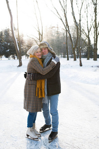 在阳光灿烂的冬天自然冰滑冰 拥抱年长夫妇