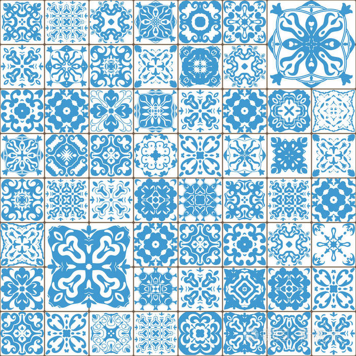 多彩的里斯本,地中海花卉装饰图案.方形花蓝色马赛克.