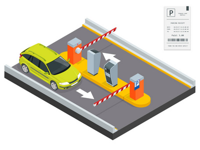 等距付款站停车，访问控制的概念。在入口和出口的停车区作为收取停车费的工具安装泊车票机和屏障门臂运算符
