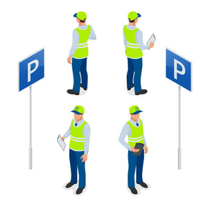 交通协管员, 得到停车票或停车票罚款任务.平的 3d 图照片