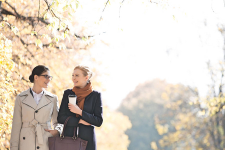 女企业家交谈时在公园散步