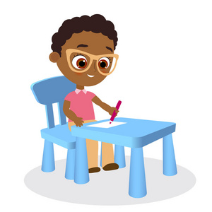 年轻的非洲裔美国男孩涂料坐在一张课桌。矢量图 eps 10。平的卡通风格