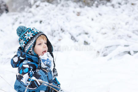 可爱的蹒跚学步的小男孩在冬天玩雪