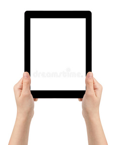 女性青少年使用带白色屏幕的平板电脑