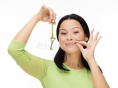 女人用白色钥匙锁着嘴照片