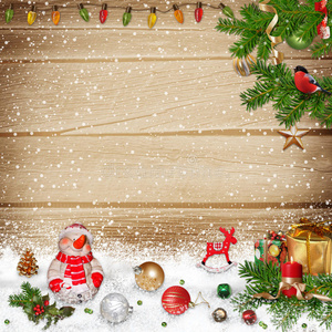 冬季背景，雪人和圣诞装饰