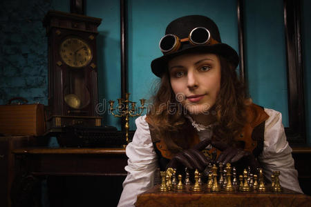 蒸汽朋克女孩下棋