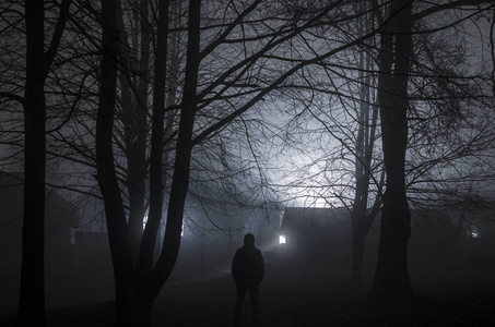 奇怪的剪影在黑暗的幽灵森林夜间, 神秘的景观超现实主义的灯光与恐怖的人