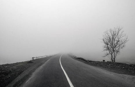 雾蒙蒙的乡村路。雾创造了一种空虚的感觉, 因为它导致似乎无处可寻。阿塞拜疆 gakh, ilisu
